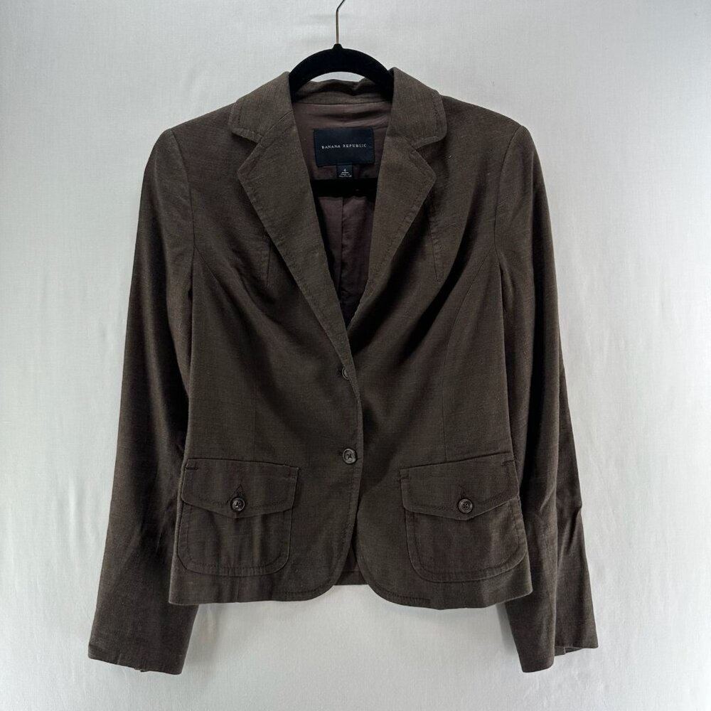 Banana Republic Rayon Linen Blazer Womens 4 Flap Pocket Utility Corporate Brown